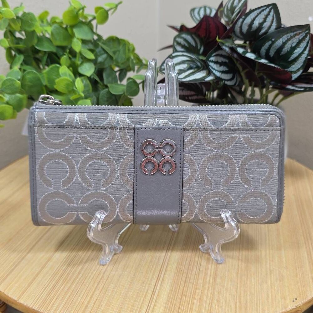 Coach Julia Op Art Zip Around Accordion Wallet Gray Taupe Silver Jacquard